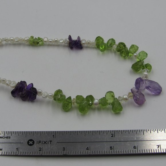 17" Sterling Amethyst Peridot & Pearl Necklace - Picture 5 of 6